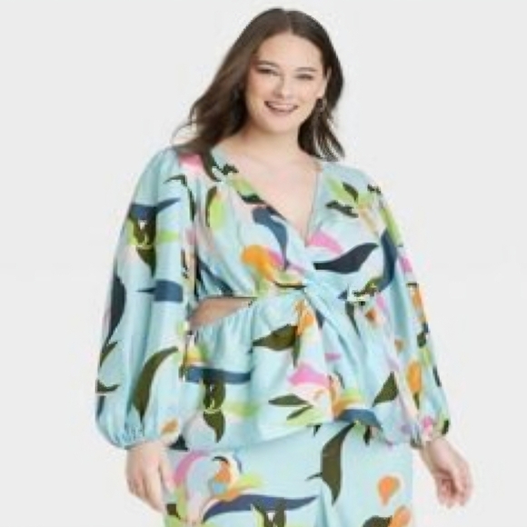 A New Day Tropical Print Peplum Blouse With Cut Outs Size Large - Picture 5 of 5